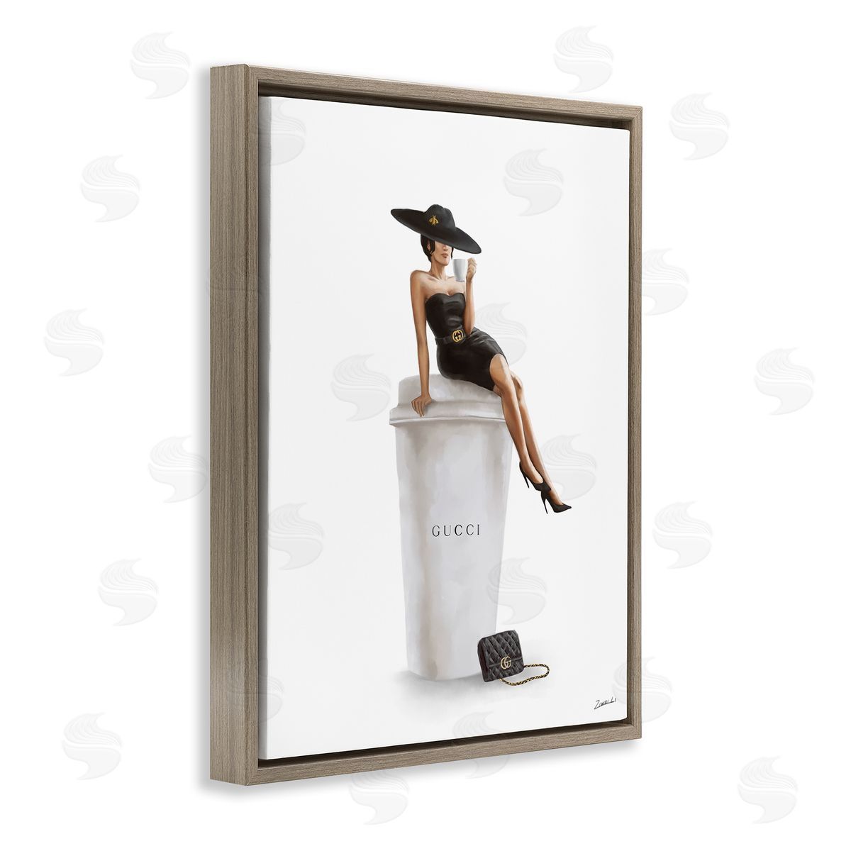 Stylish Fashion Female Pose Coffee Brown Floating Frame Canvas Wall Art, Home Decor by Ziwei Li