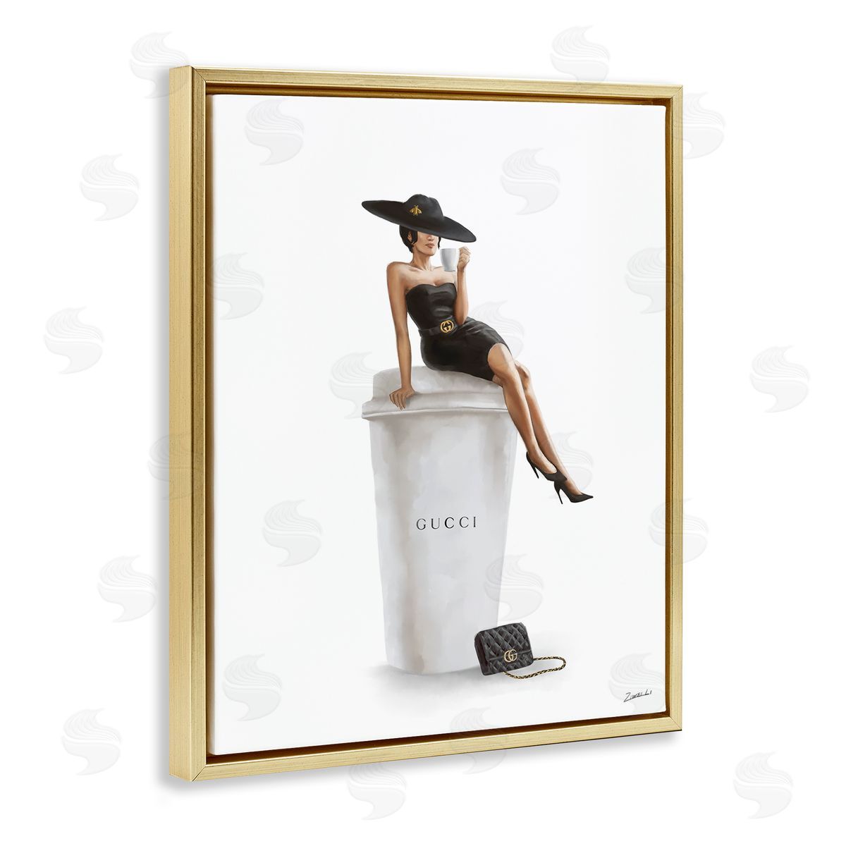 Stylish Fashion Female Pose Coffee Gold Floating Frame Canvas Wall Art, Home Decor by Ziwei Li