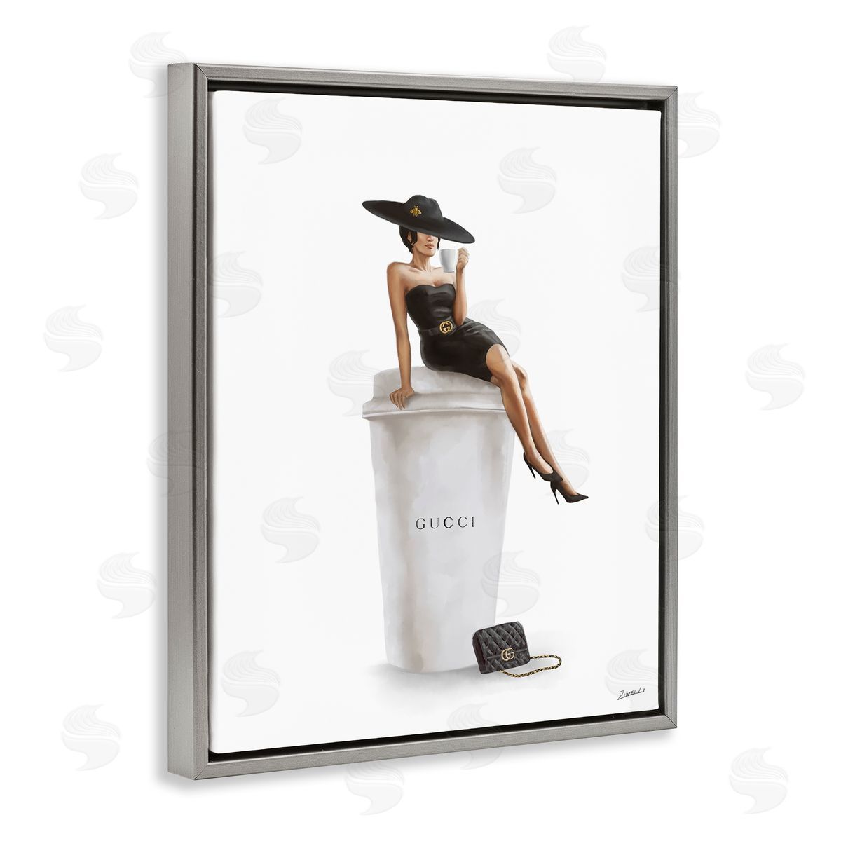Stylish Fashion Female Pose Coffee Grey Floating Frame Canvas Wall Art, Home Decor by Ziwei Li