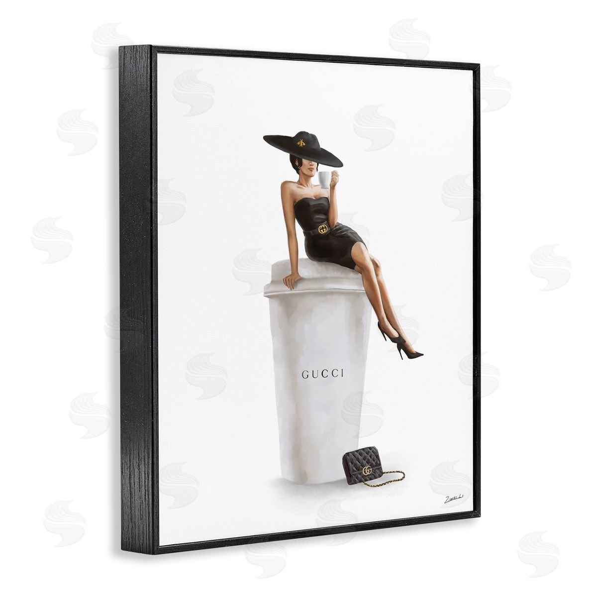 Stylish Fashion Female Pose Coffee Black Frame Print Wall Art, Home Decor by Ziwei Li