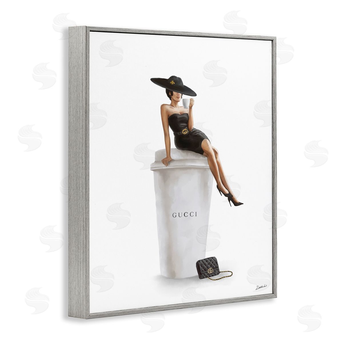 Stylish Fashion Female Pose Coffee Grey Frame Print Wall Art, Home Decor by Ziwei Li