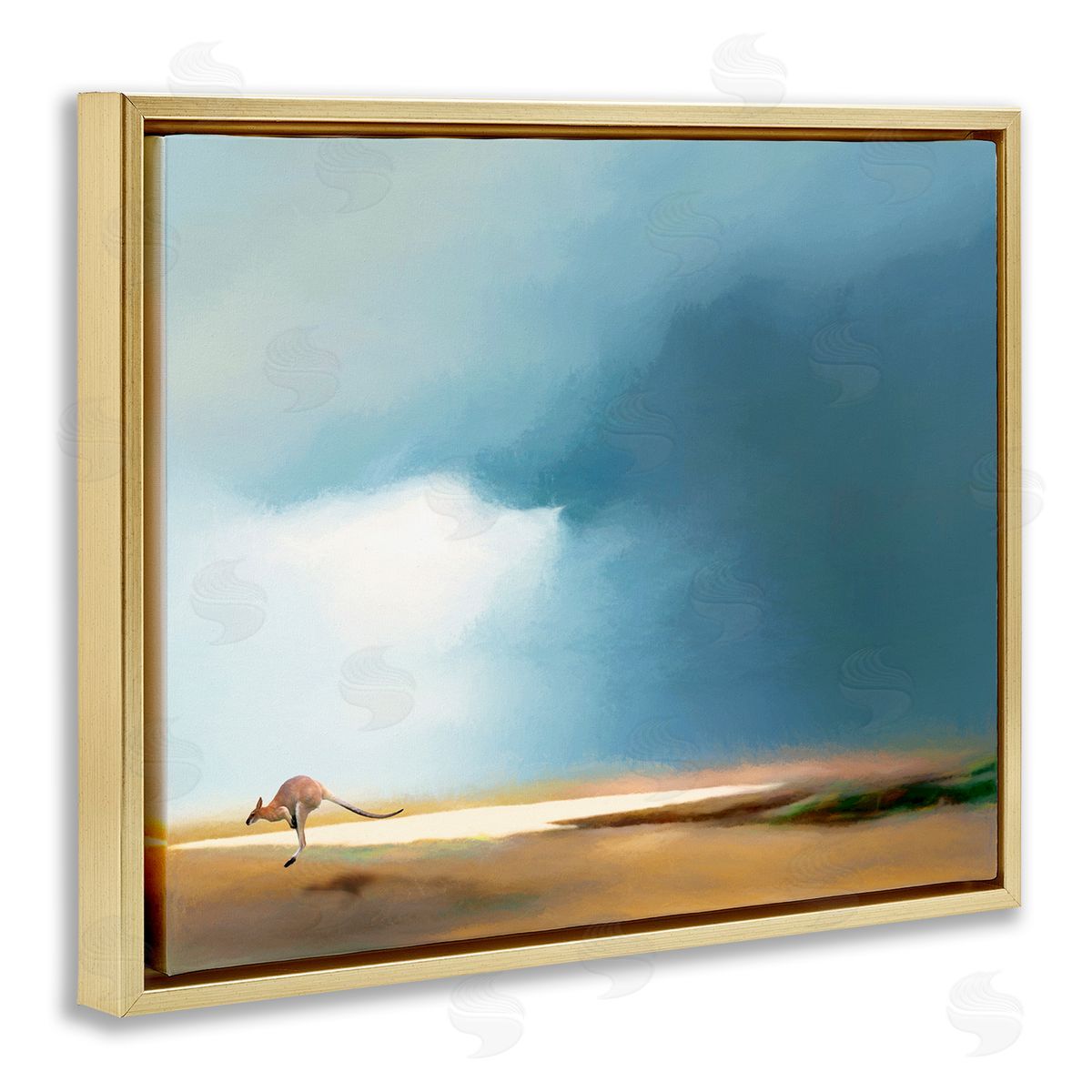 Jumping Kangaroo Australian Outback Gold Floating Frame Canvas Wall Art, Home Decor by Urban Road