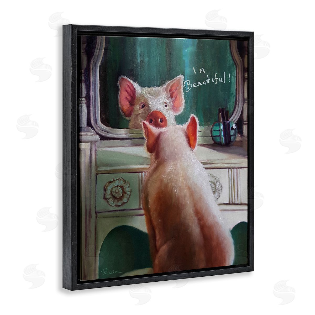I'm Beautiful Pig in Mirror Black Floating Frame Canvas Wall Art, Home Decor by Lucia Heffernan