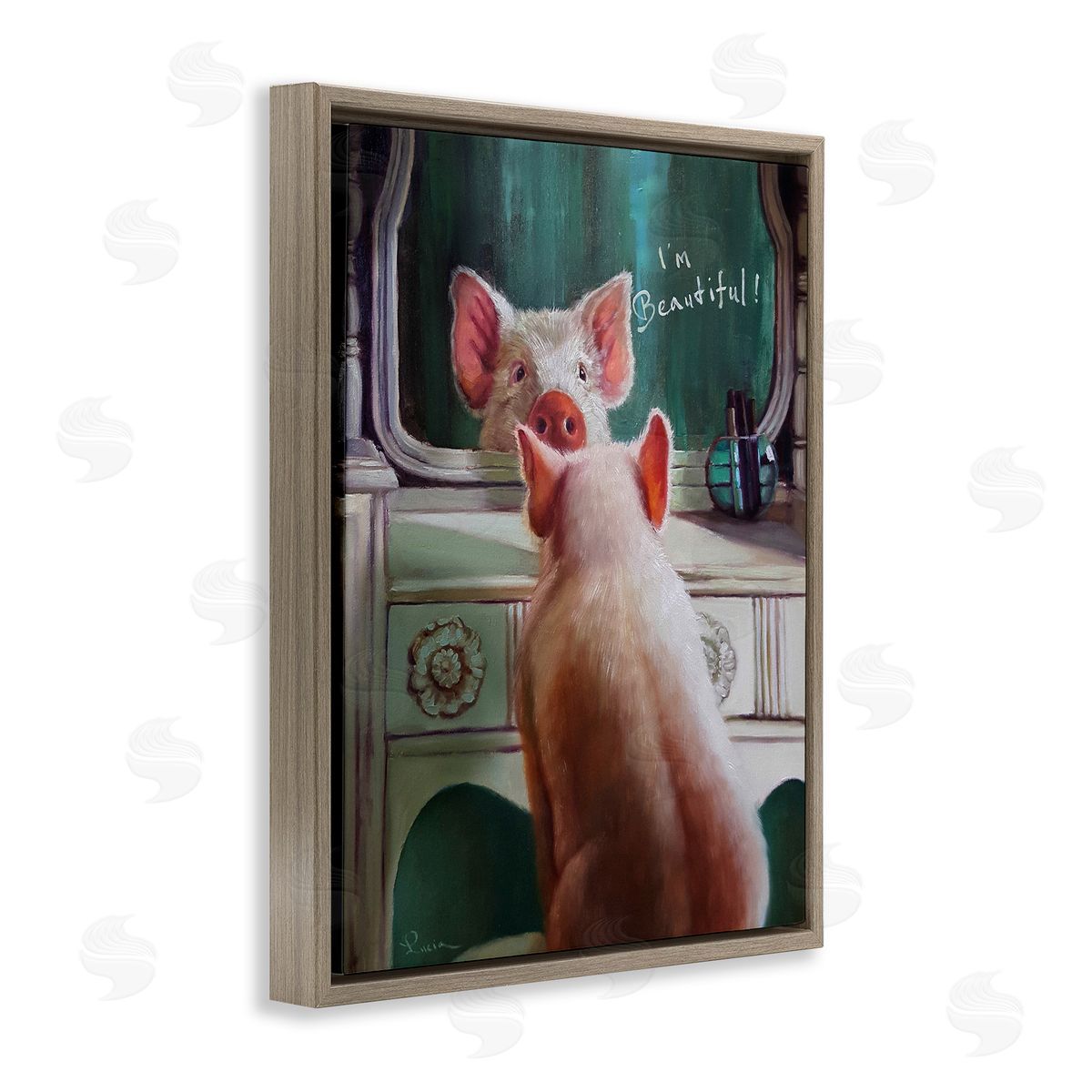 I'm Beautiful Pig in Mirror Brown Floating Frame Canvas Wall Art, Home Decor by Lucia Heffernan
