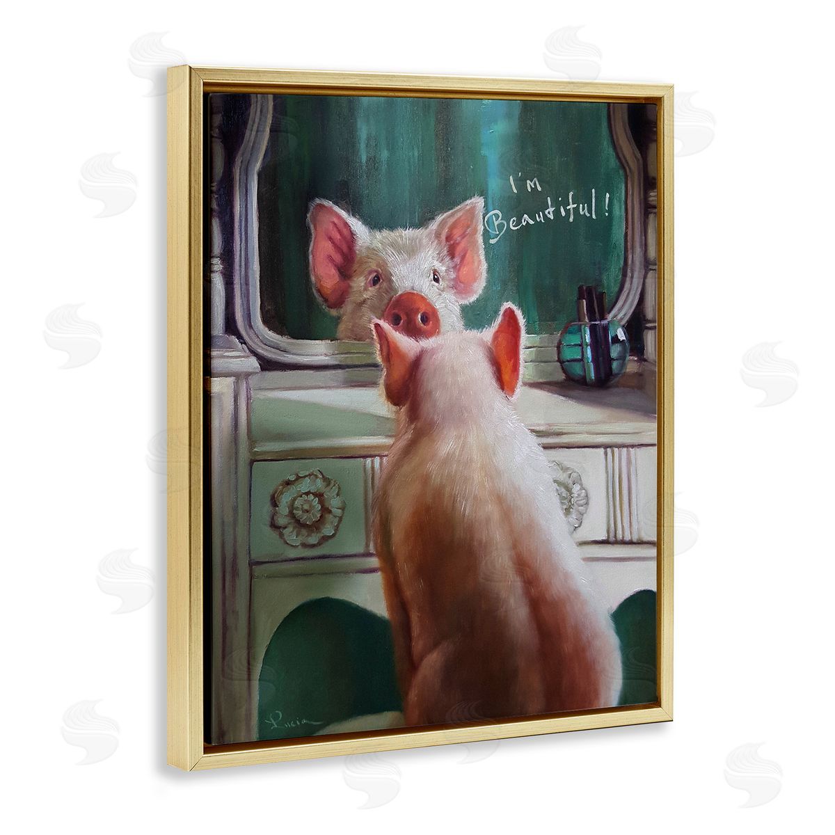 I'm Beautiful Pig in Mirror Gold Floating Frame Canvas Wall Art, Home Decor by Lucia Heffernan