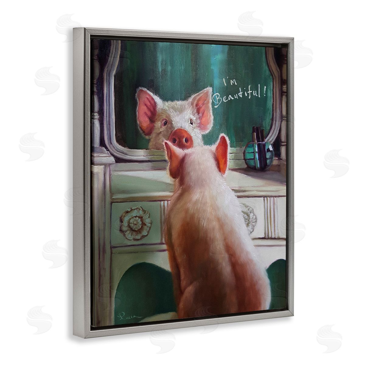 I'm Beautiful Pig in Mirror Grey Floating Frame Canvas Wall Art, Home Decor by Lucia Heffernan