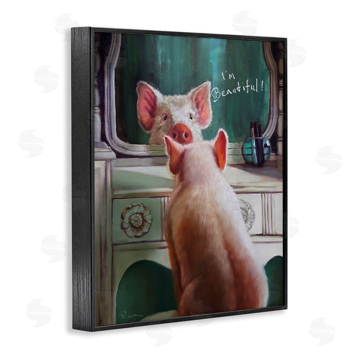 I'm Beautiful Pig in Mirror Black Frame Print Wall Art, Home Decor by Lucia Heffernan
