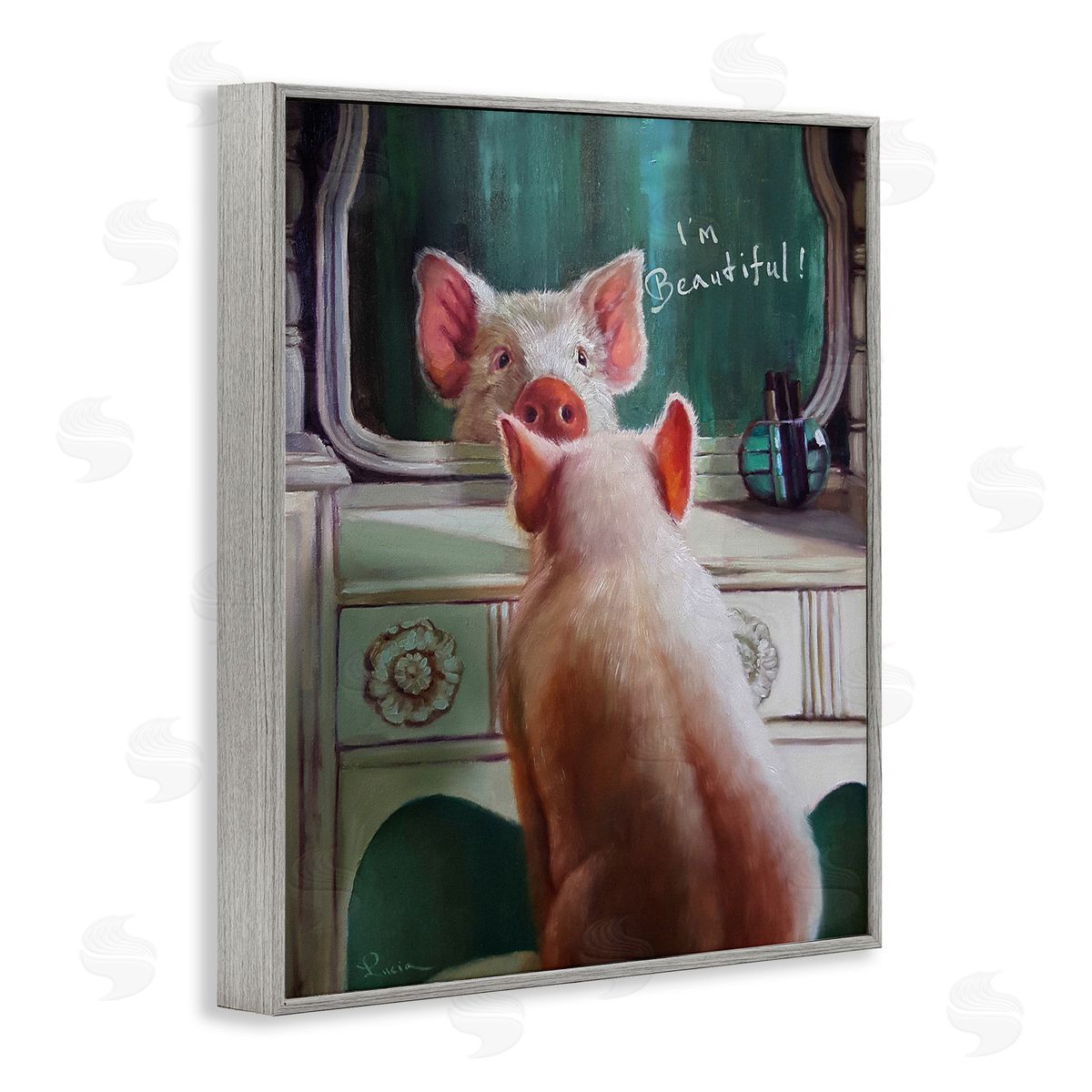 I'm Beautiful Pig in Mirror Grey Frame Print Wall Art, Home Decor by Lucia Heffernan