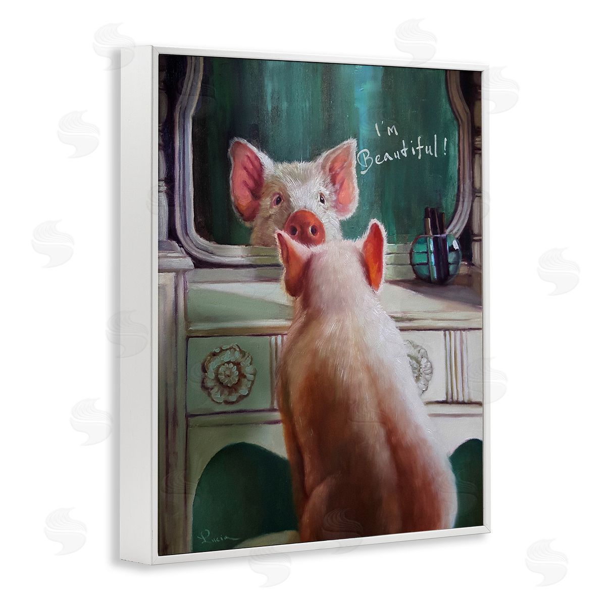 I'm Beautiful Pig in Mirror White Frame Print Wall Art, Home Decor by Lucia Heffernan