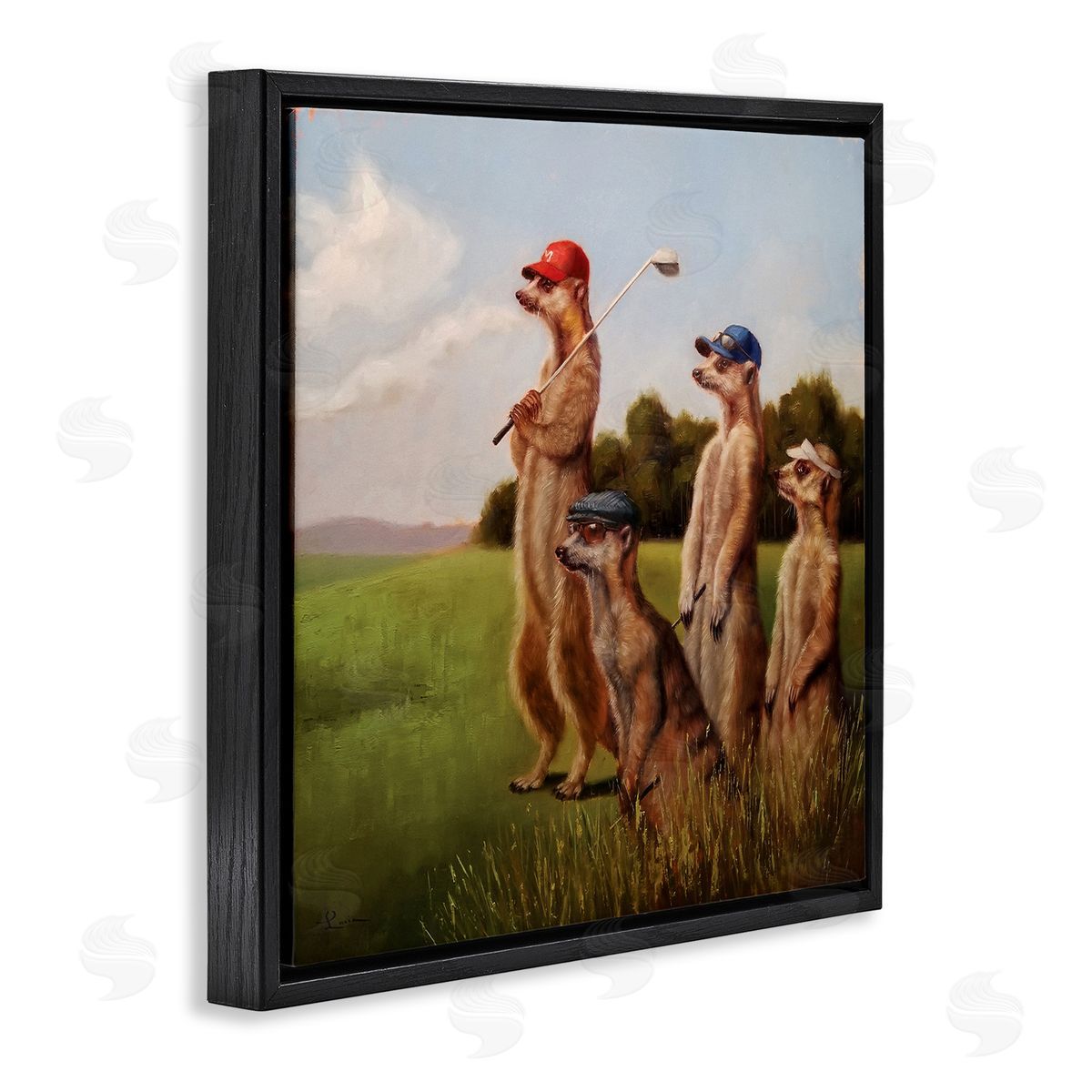 Meerkats Playing Golf Black Floating Frame Canvas Wall Art, Home Decor by Lucia Heffernan