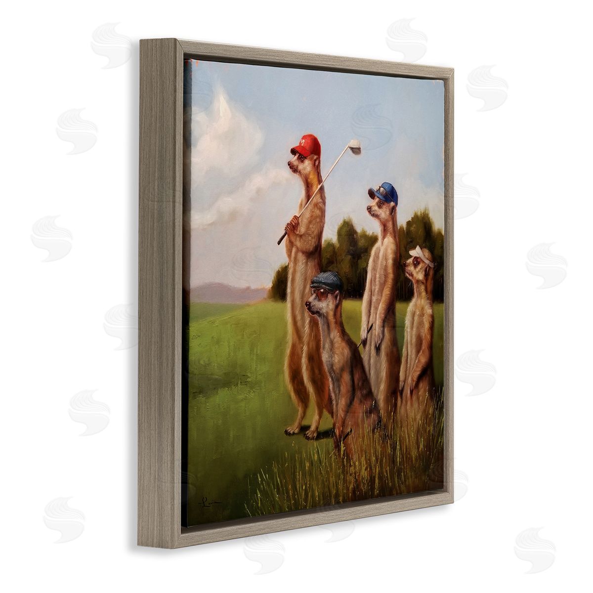 Meerkats Playing Golf Brown Floating Frame Canvas Wall Art, Home Decor by Lucia Heffernan
