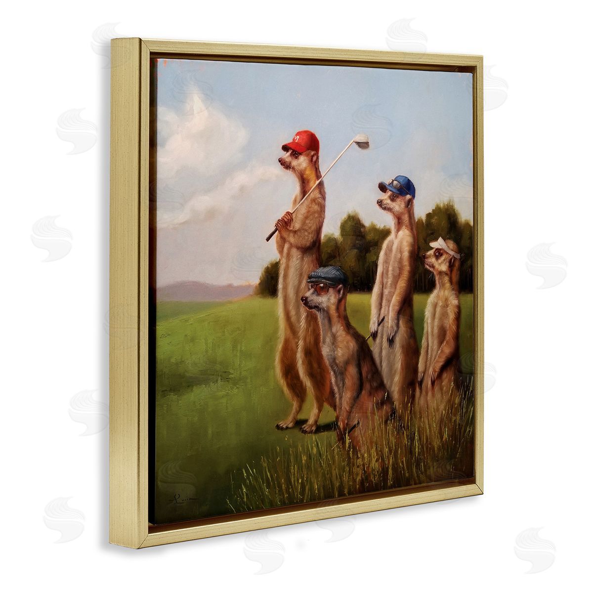 Meerkats Playing Golf Gold Floating Frame Canvas Wall Art, Home Decor by Lucia Heffernan
