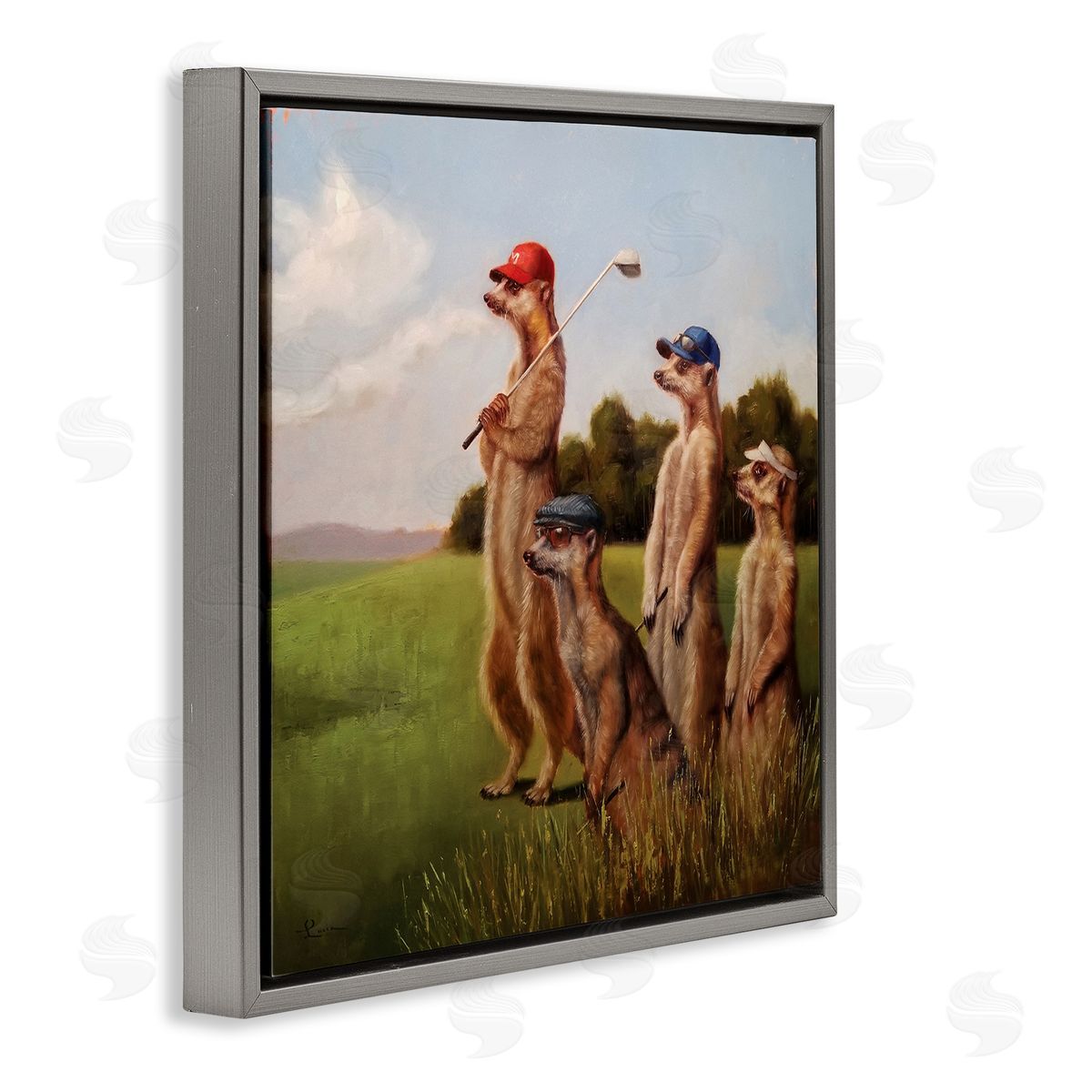 Meerkats Playing Golf Grey Floating Frame Canvas Wall Art, Home Decor by Lucia Heffernan