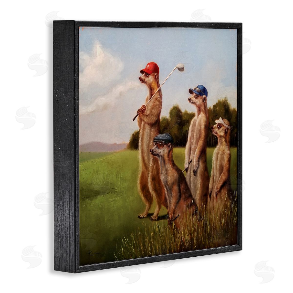Meerkats Playing Golf Black Frame Print Wall Art, Home Decor by Lucia Heffernan