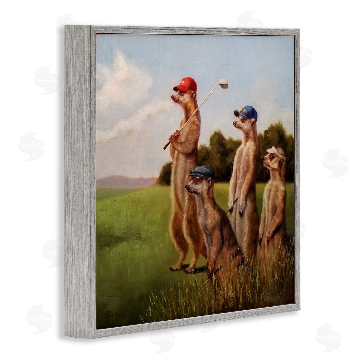 Meerkats Playing Golf Grey Frame Print Wall Art, Home Decor by Lucia Heffernan