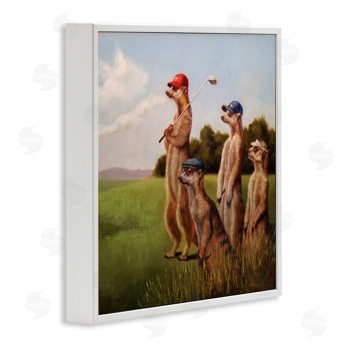 Meerkats Playing Golf White Frame Print Wall Art, Home Decor by Lucia Heffernan