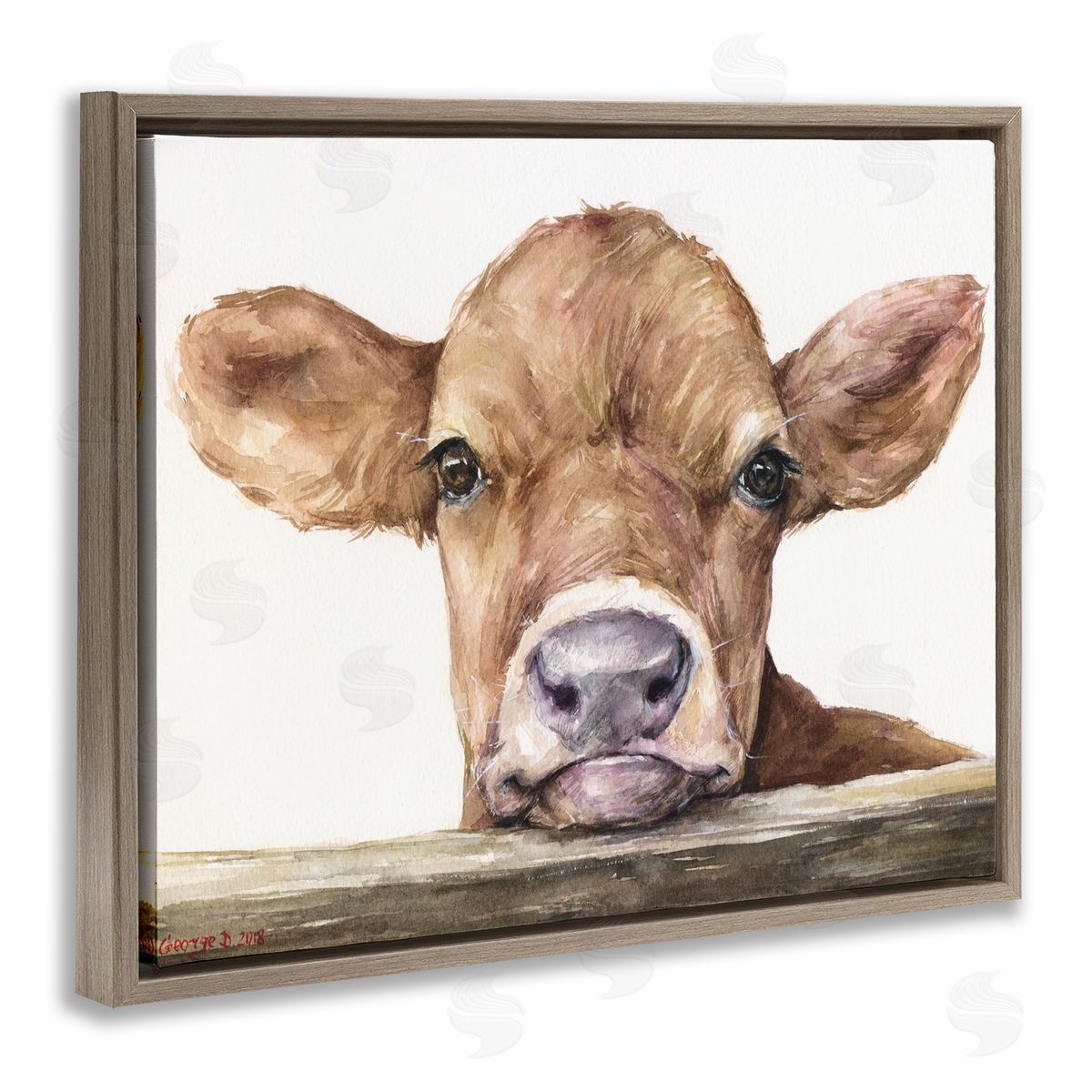 Baby Cow Animal Watercolor Brown Floating Frame Canvas Wall Art, Home Decor by George Dyachenko