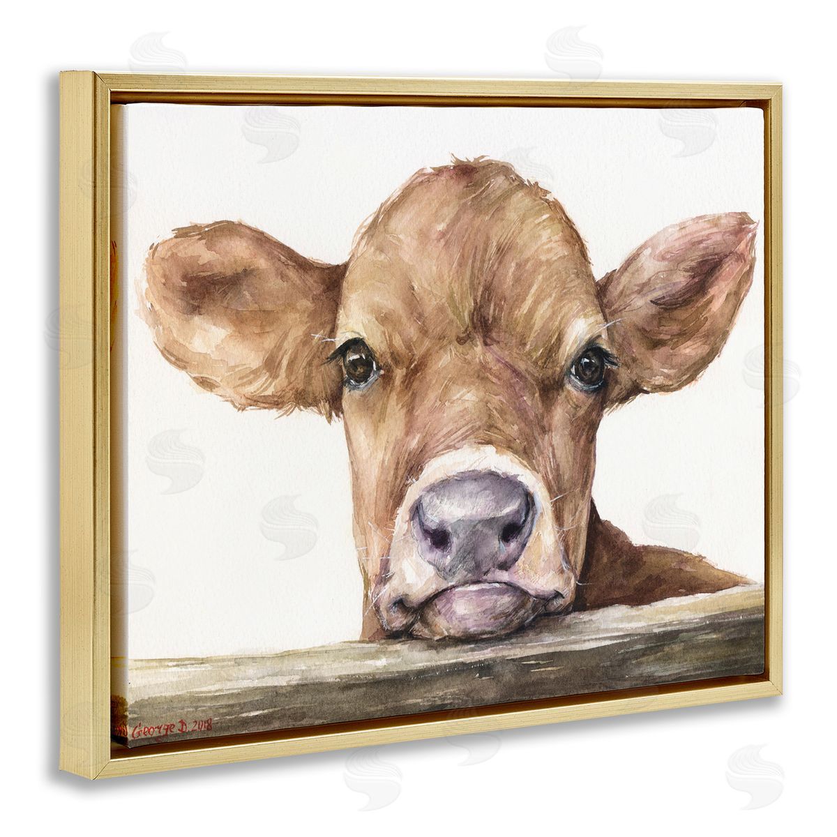 Baby Cow Animal Watercolor Gold Floating Frame Canvas Wall Art, Home Decor by George Dyachenko