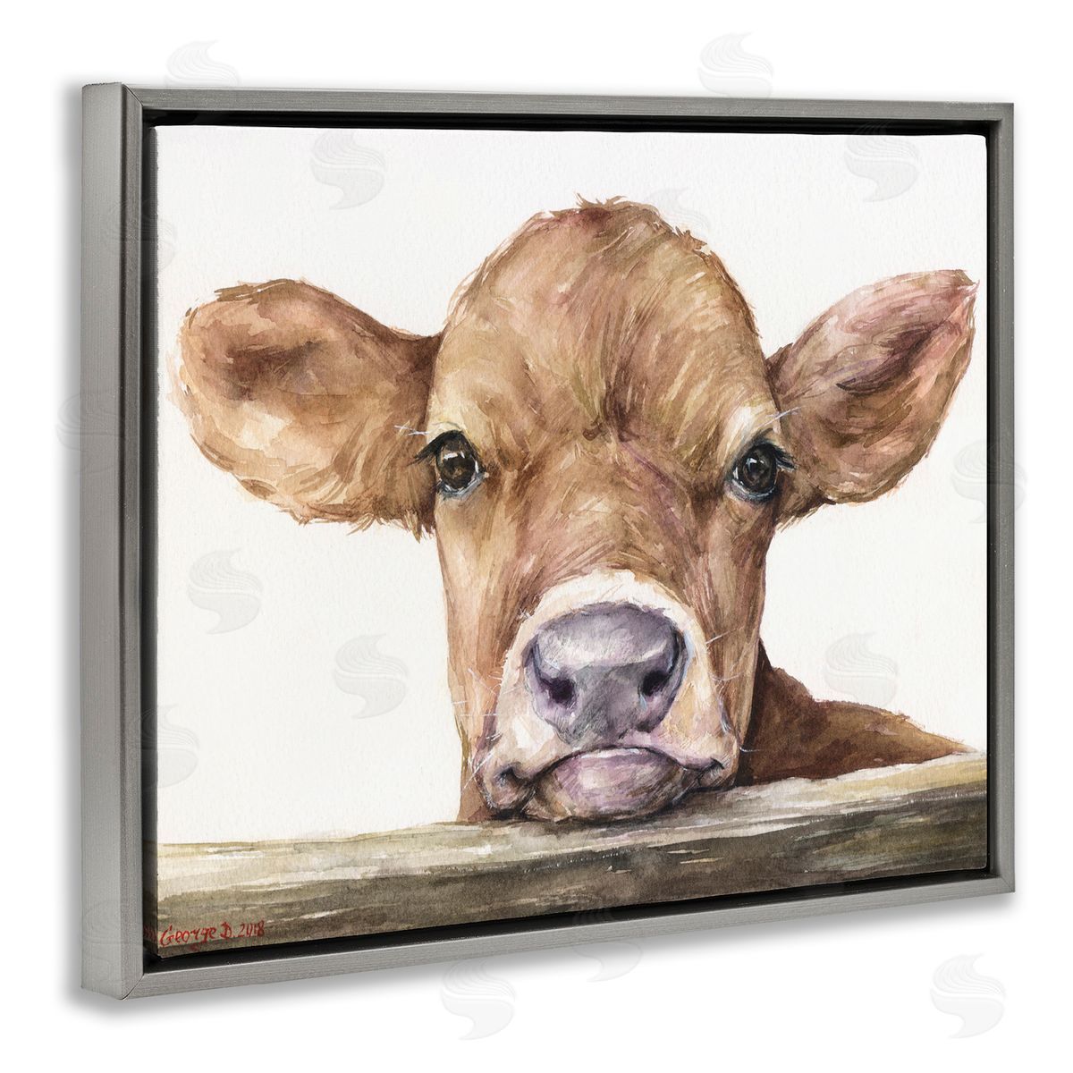 Baby Cow Animal Watercolor Grey Floating Frame Canvas Wall Art, Home Decor by George Dyachenko