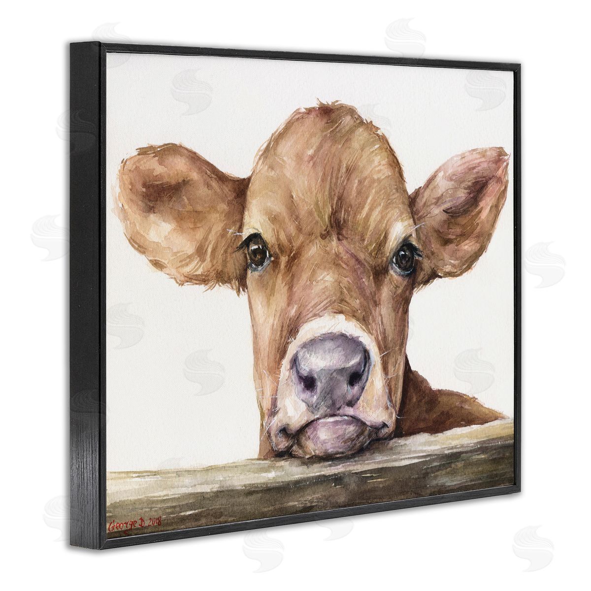 Baby Cow Animal Watercolor Black Frame Print Wall Art, Home Decor by George Dyachenko
