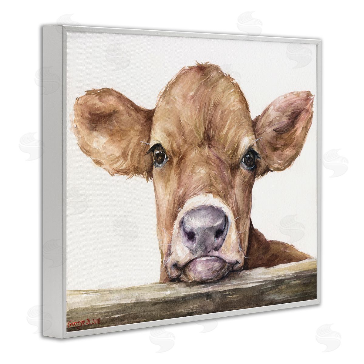 Baby Cow Animal Watercolor White Frame Print Wall Art, Home Decor by George Dyachenko