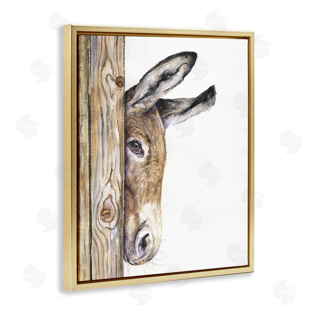 Baby Donkey Animal Watercolor Gold Floating Frame Canvas Wall Art, Home Decor by George Dyachenko