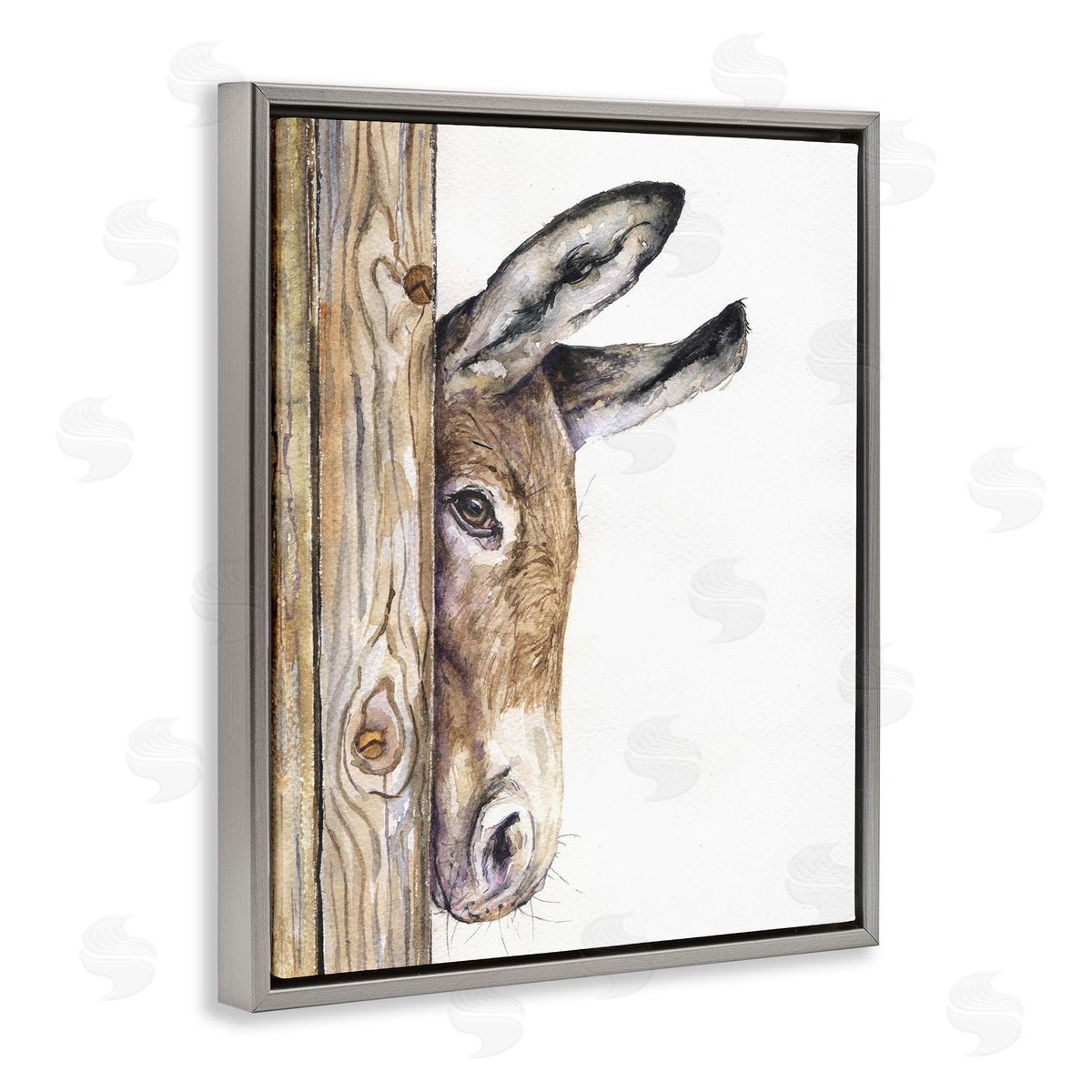Baby Donkey Animal Watercolor Grey Floating Frame Canvas Wall Art, Home Decor by George Dyachenko