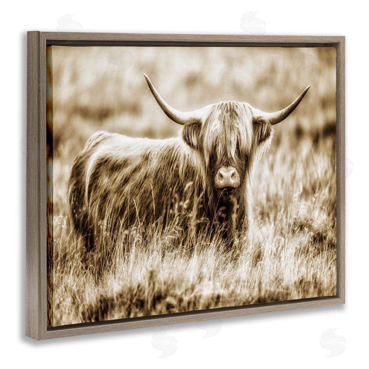 Vintage Cow In Pasture Brown Floating Frame Canvas Wall Art, Home Decor by Villager Jim