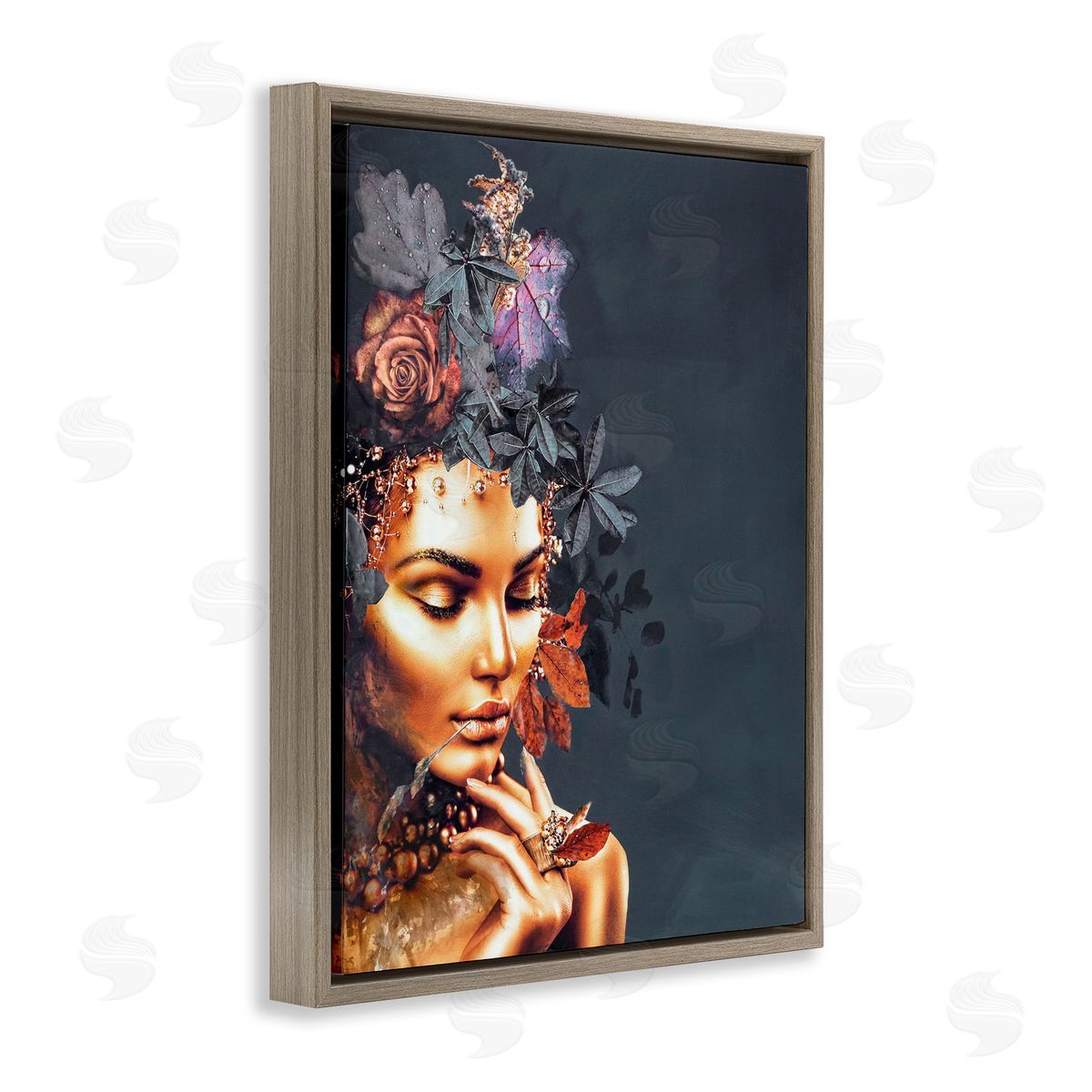 Female Portrait and Florals Brown Floating Frame Canvas Wall Art, Home Decor by Design Fabrikken