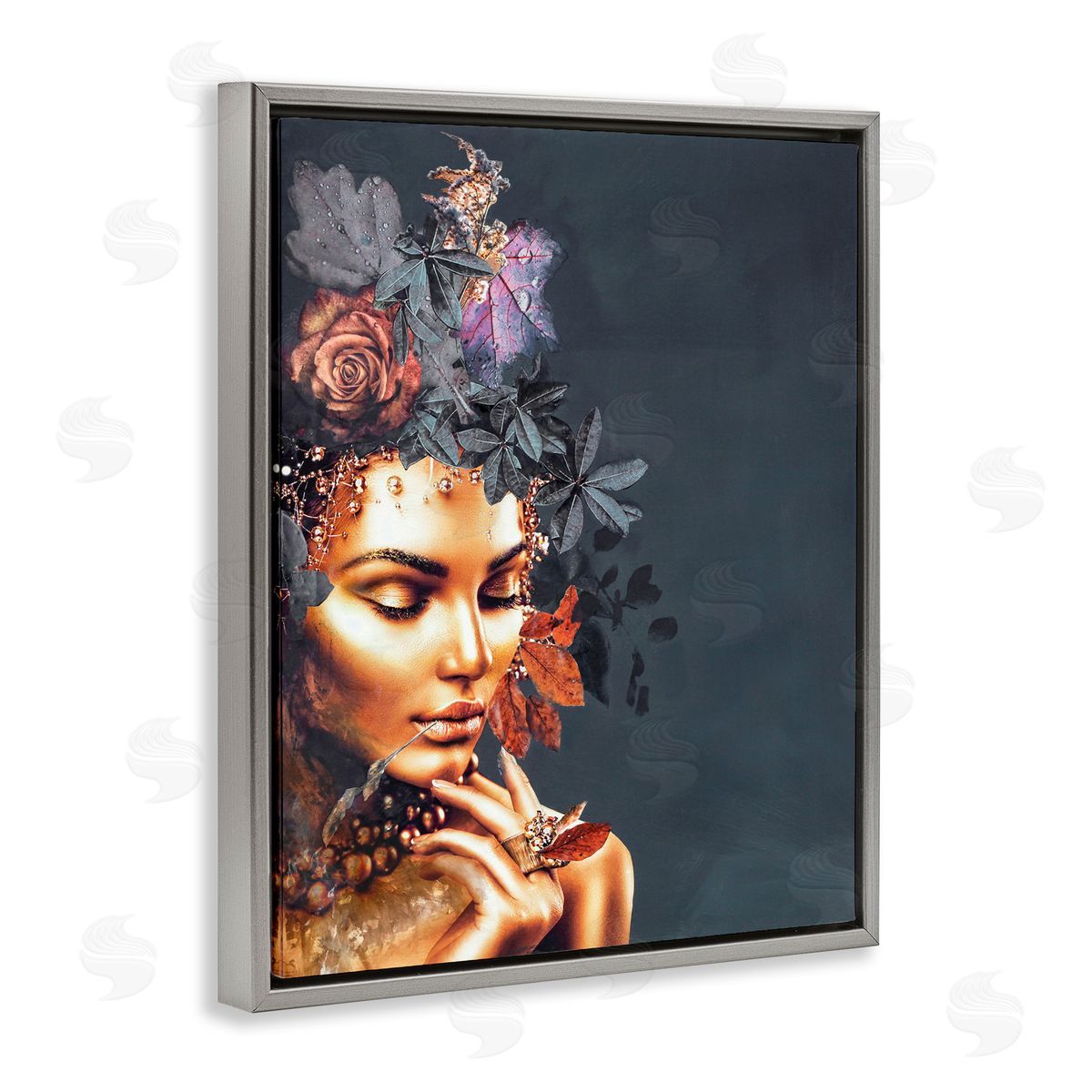 Female Portrait and Florals Grey Floating Frame Canvas Wall Art, Home Decor by Design Fabrikken
