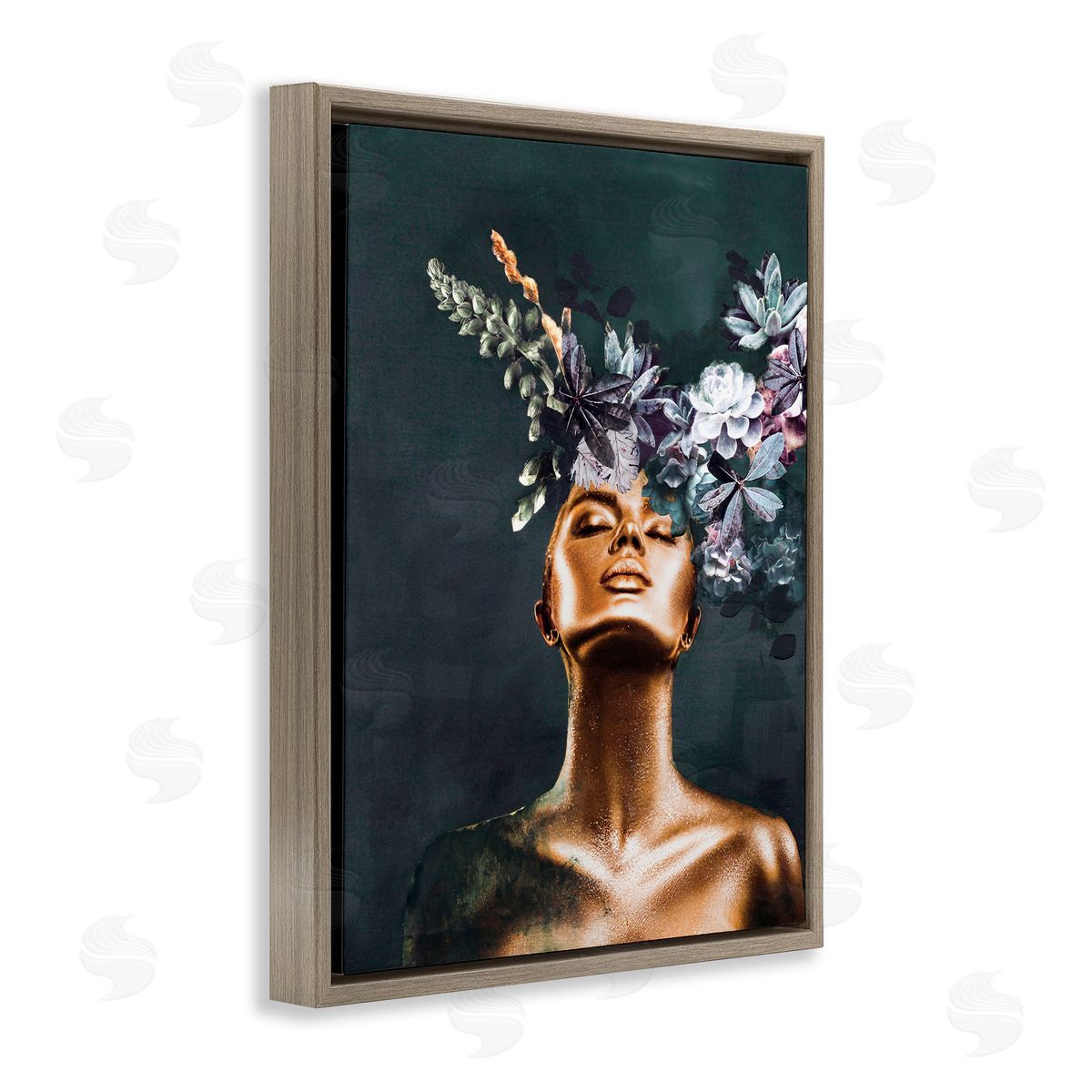 Female Portrait with Succulents Brown Floating Frame Canvas Wall Art, Home Decor by Design Fabrikken