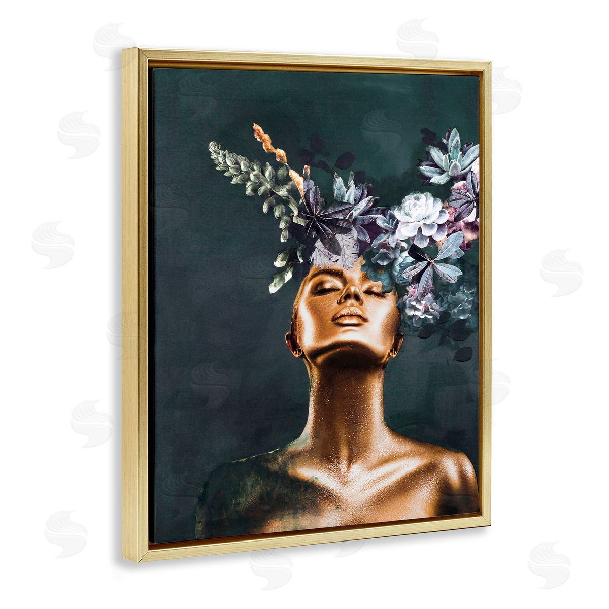 Female Portrait with Succulents Gold Floating Frame Canvas Wall Art, Home Decor by Design Fabrikken