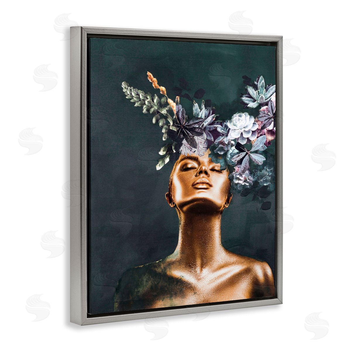 Female Portrait with Succulents Grey Floating Frame Canvas Wall Art, Home Decor by Design Fabrikken