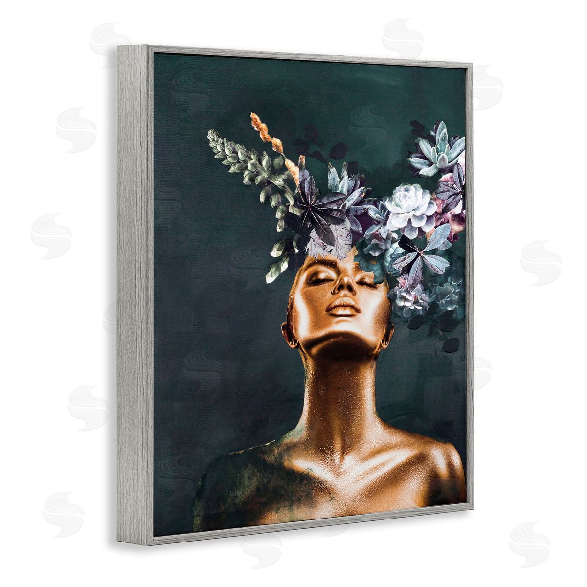 Female Portrait with Succulents Grey Frame Print Wall Art, Home Decor by Design Fabrikken