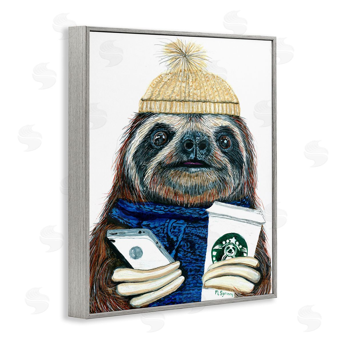 Hipster Sloth Coffee Culture Grey Frame Print Wall Art, Home Decor by Melissa Symons