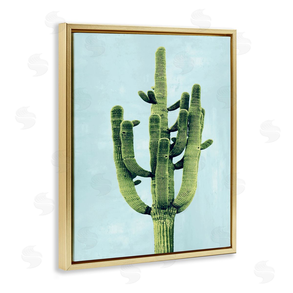 Desert Cactus over Pastel Blue Gold Floating Frame Canvas Wall Art, Home Decor by Mia Jensen