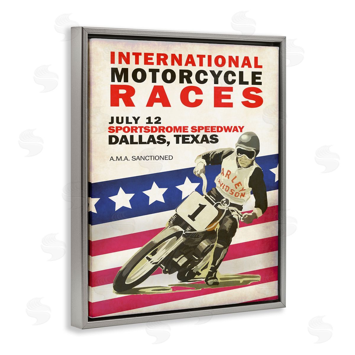 American Motorcycle Sports Race Grey Floating Frame Canvas Wall Art, Home Decor by Mark Rogan