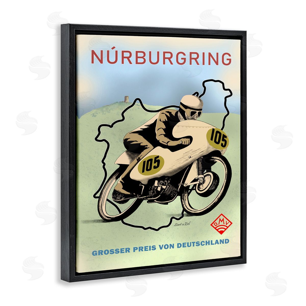 Vintage European Motor Race Black Floating Frame Canvas Wall Art, Home Decor by Mark Rogan