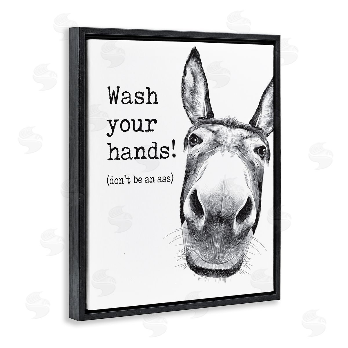 Wash Your Hands Donkey Quote Black Floating Frame Canvas Wall Art, Home Decor by Lettered and Lined