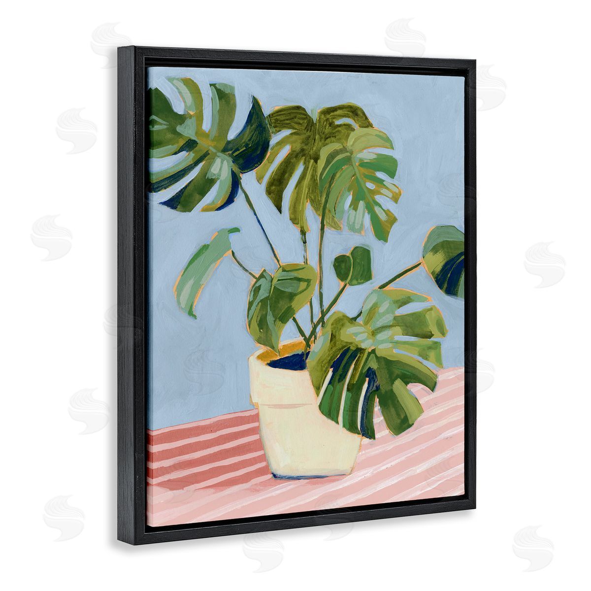 Monstera Plant on Stripes Black Floating Frame Canvas Wall Art, Home Decor by Victoria Borges