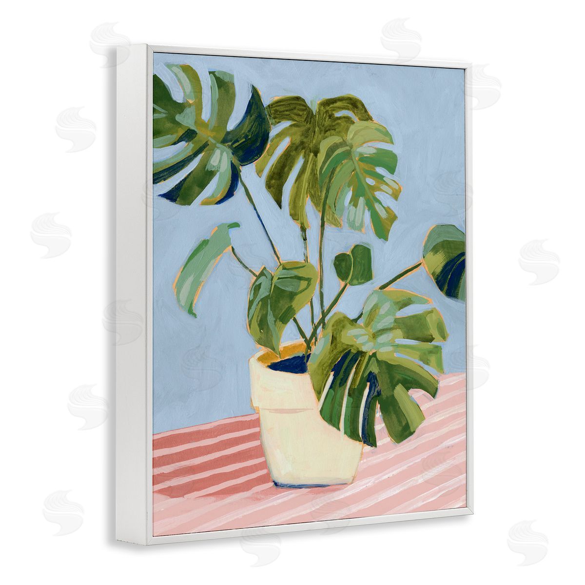 Monstera Plant on Stripes White Frame Print Wall Art, Home Decor by Victoria Borges