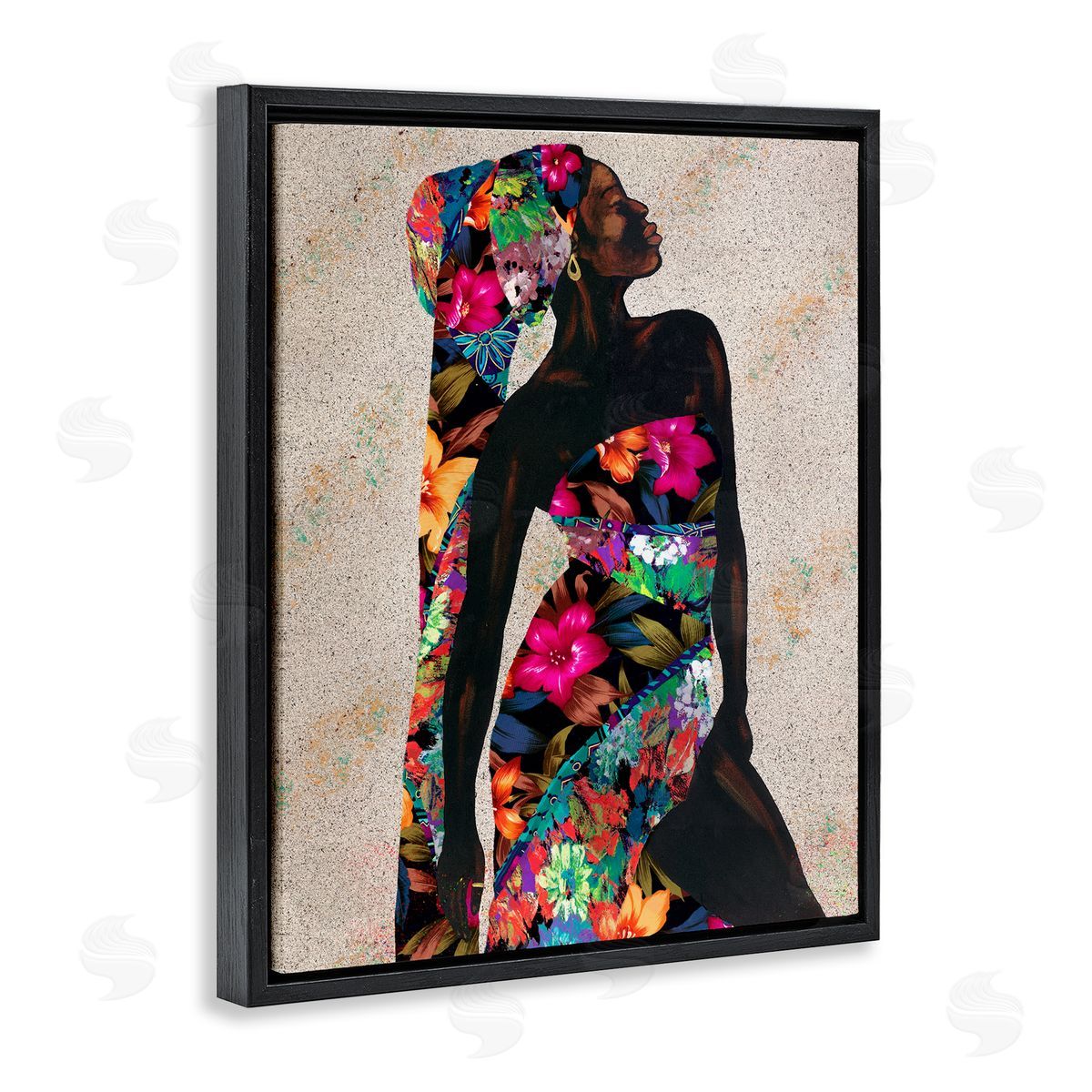 Female in Floral Pattern Outfit Black Floating Frame Canvas Wall Art, Home Decor by Alonzo Saunders