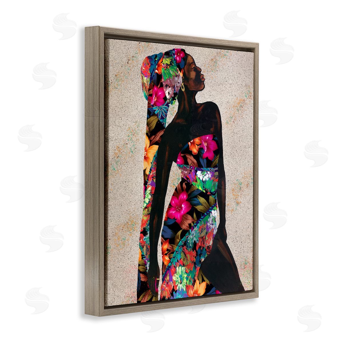 Female in Floral Pattern Outfit Brown Floating Frame Canvas Wall Art, Home Decor by Alonzo Saunders