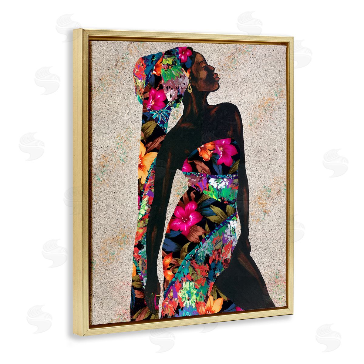 Female in Floral Pattern Outfit Gold Floating Frame Canvas Wall Art, Home Decor by Alonzo Saunders