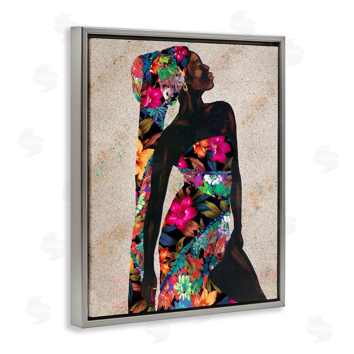 Female in Floral Pattern Outfit Grey Floating Frame Canvas Wall Art, Home Decor by Alonzo Saunders
