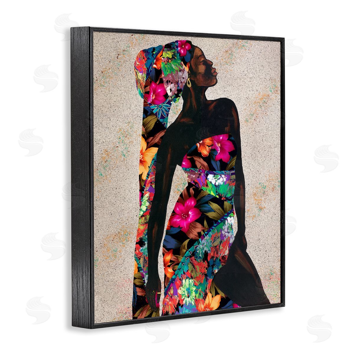 Female in Floral Pattern Outfit Black Frame Print Wall Art, Home Decor by Alonzo Saunders