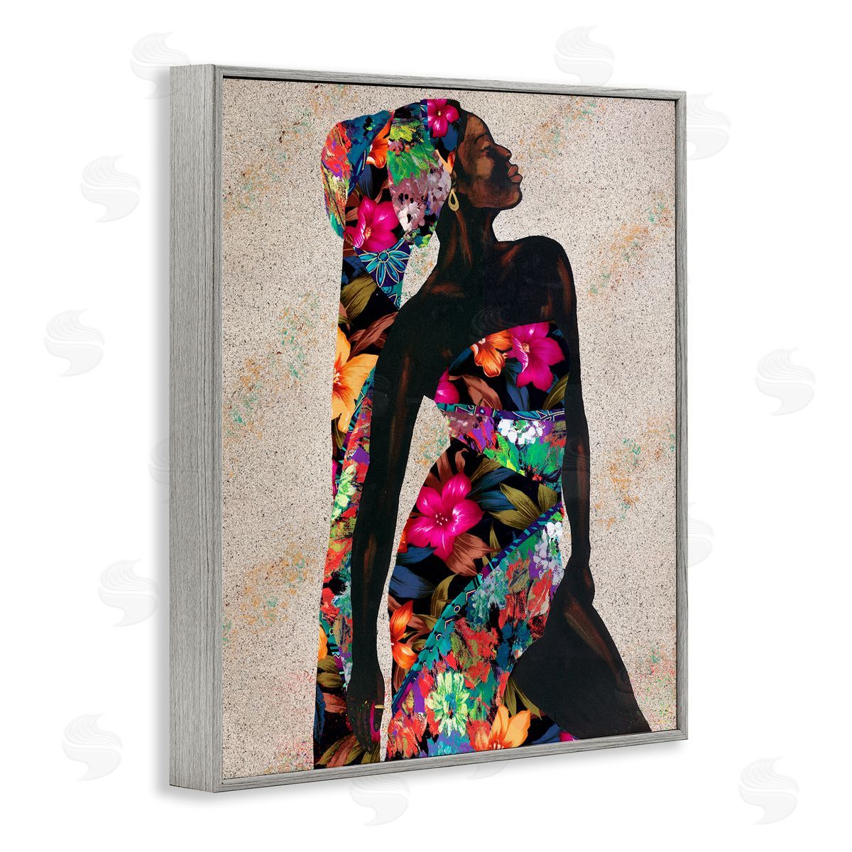 Female in Floral Pattern Outfit Grey Frame Print Wall Art, Home Decor by Alonzo Saunders