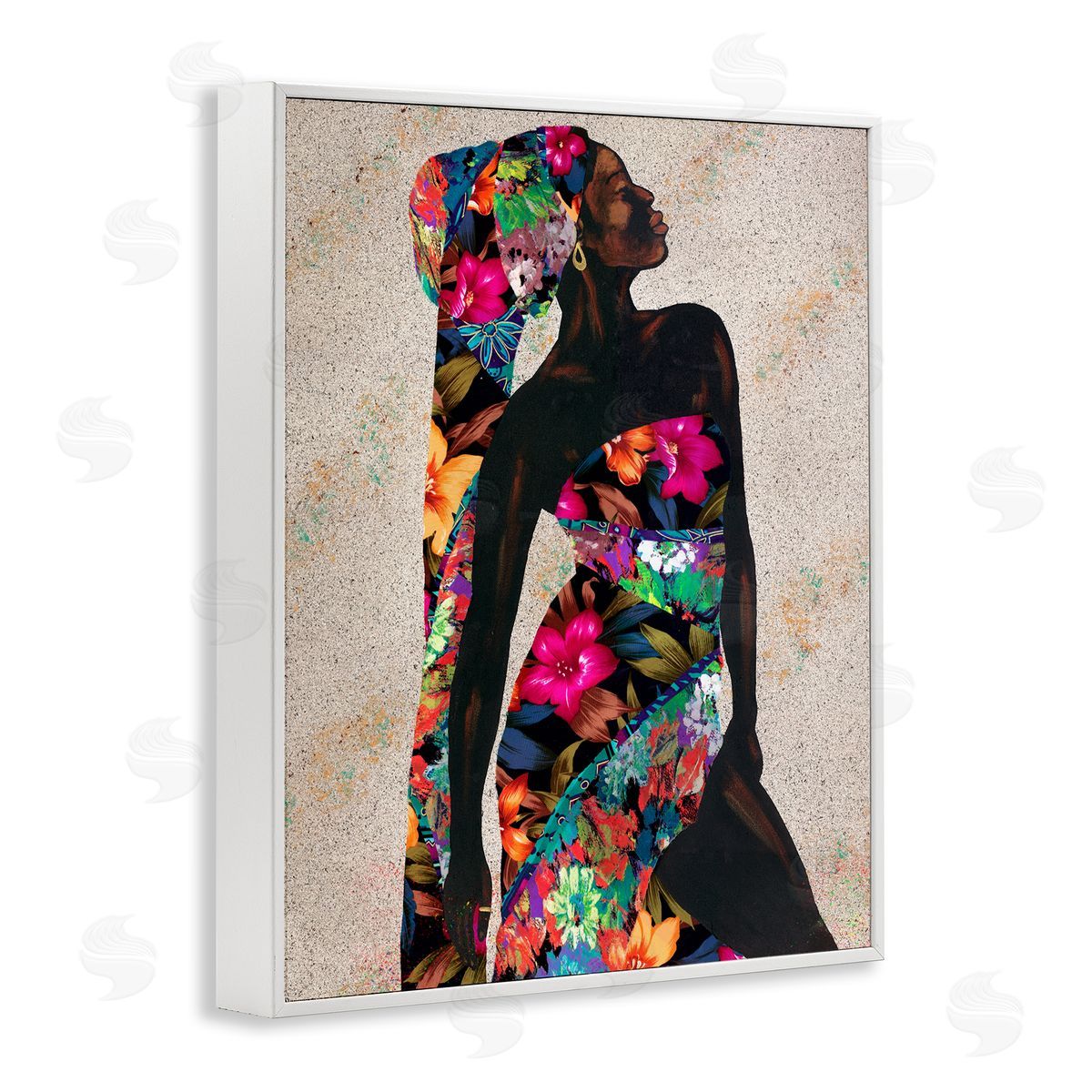 Female in Floral Pattern Outfit White Frame Print Wall Art, Home Decor by Alonzo Saunders