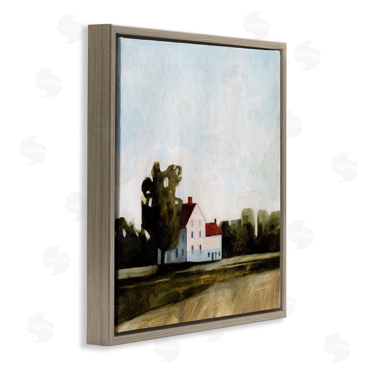 Cottage with Tree Meadow Brown Floating Frame Canvas Wall Art, Home Decor by Emma Caroline