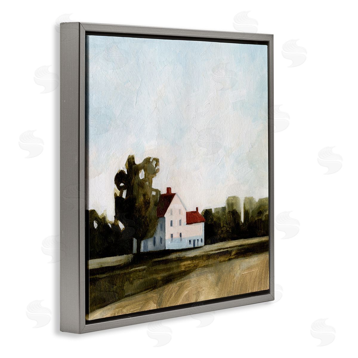 Cottage with Tree Meadow Grey Floating Frame Canvas Wall Art, Home Decor by Emma Caroline